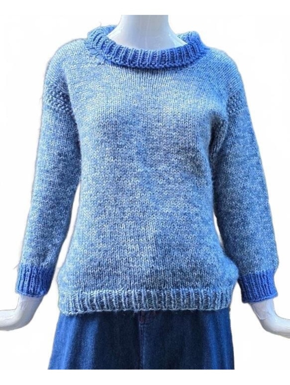 Handcrafted Blue & Cream Two=Tone Hand Knitted Pullover Sweater Med Lg